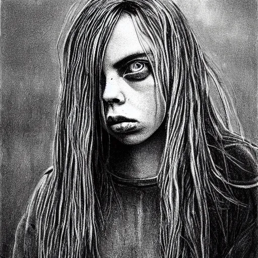 Image similar to grunge drawing of billie eilish by - Zdzisław Beksiński , line art style, horror themed, detailed, elegant, intricate