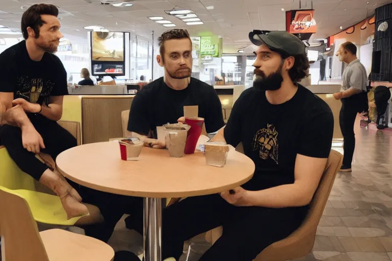 Prompt: Odin and Zeus having a meeting in McDonadls, both of them sitting while waiting and Loki in the background working in the kitchen