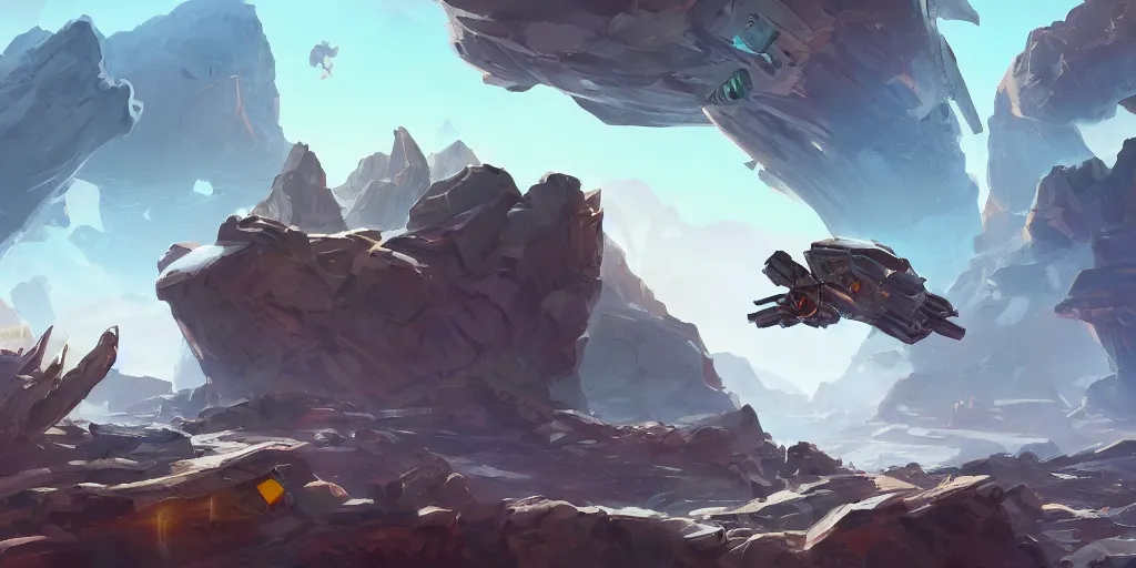 Prompt: marketing game illustration, a space craft run into the rocks canyon very fast in the style of Blizzard and Riot Games