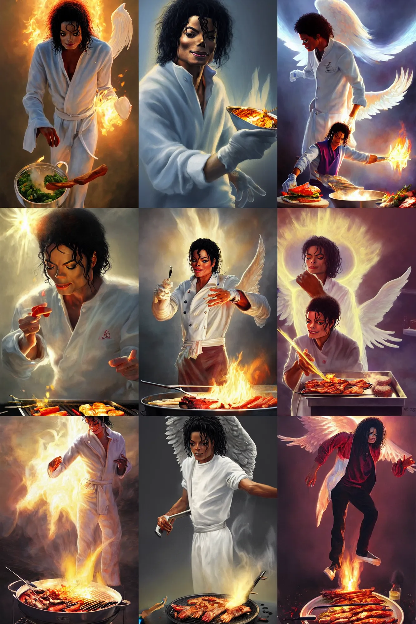 Prompt: michael jackson cooking a bbq as a heavenly angel, anatomy, bathed in light, highly detailed, photorealistic, artstation, smooth, sharp focus, illustration, unreal engine 5, 8 k, art by artgerm and greg rutkowski and edgar maxence