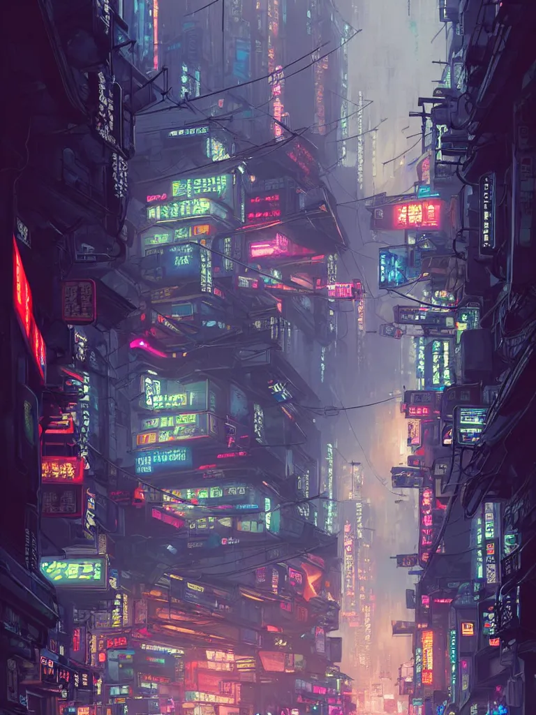 Image similar to isometric _ view _ of _ a _ cyberpunk _ neo - tokyo _ street _ with _ illuminated _ signs _ and _ wet _ pavement _ by _ andrei _ riabovitchev _ shaun _ tan _ peter _ mohrbacher _ a