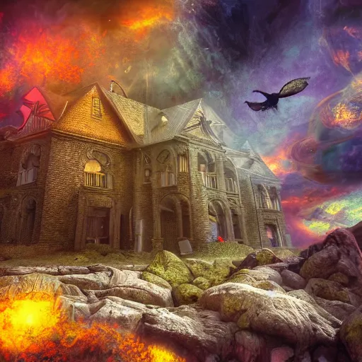 Prompt: Hell and heaven, inter dimensional villa, a heart full of envy, The Autumn Plague Gardener, Some cosmic angels, cinematic, hyper realism, high detail, octane render, unreal engine, 8k, vibrant color, beautiful and thematically complex, smooth, its softness partakes of fluidity, biodiversity in a world of change and constancy, by deiv calviz and bossmonsterbani