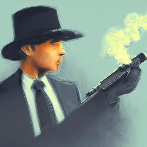 Prompt: mysterious man in black suit and black hat, he has a pistol, smoke, fog, mysterious, 4 k, highly detailed, digital art, strong shadows, high contrast, epic scene, atmospheric, blue colours, by jack kirby