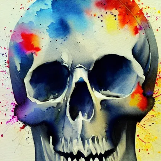 Prompt: watercolor art on paper, skull with explosions all around, highly detailed, artstation, masterpiece, award - winning