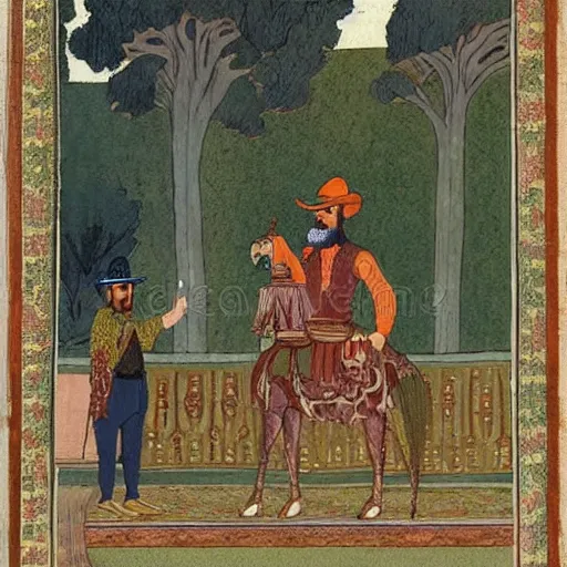 Prompt: bearded cowboy talking to emir in a palatial garden, persian folkore illustration