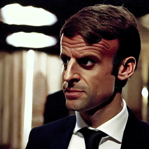 Prompt: Emmanuel Macron in the Gothic nightclub in American Psycho (1999)