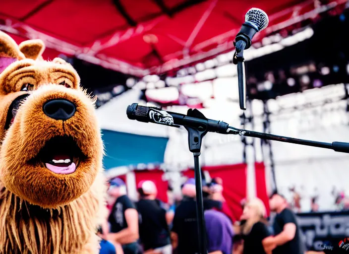 Image similar to photo still of mcgruff the crime dog on stage at vans warped tour!!!!!!!! at age 3 3 years old 3 3 years of age!!!!!!!! shredding on guitar, 8 k, 8 5 mm f 1. 8, studio lighting, rim light, right side key light