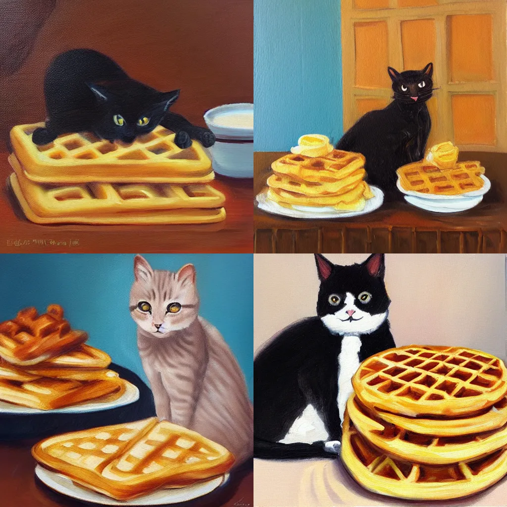 Prompt: “oil painting of a cat sitting next to a huge stack of waffles on a soft warm morning”