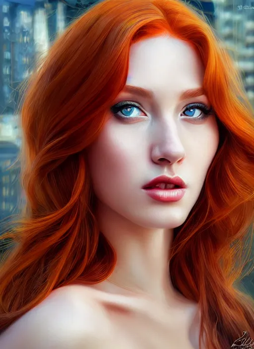 Image similar to portrait photo of a gorgeous young redhead woman with cat eyes in the style of stefan kostic, realistic, sharp focus, 8k high definition, insanely detailed, intricate, elegant, art by stanley lau and artgerm