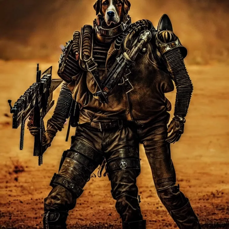 Image similar to a good ol'hound dog fursona ( from the furry fandom ), heavily armed and armored facing down armageddon in a dark and gritty version from the makers of mad max : fury road. witness me.