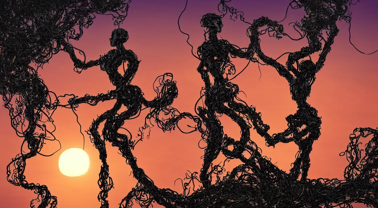 Prompt: Robotic man made completely of trees and vines, holding a book and silhouetted against a beautiful sunset, 4k, fantasy art, trending on artstation