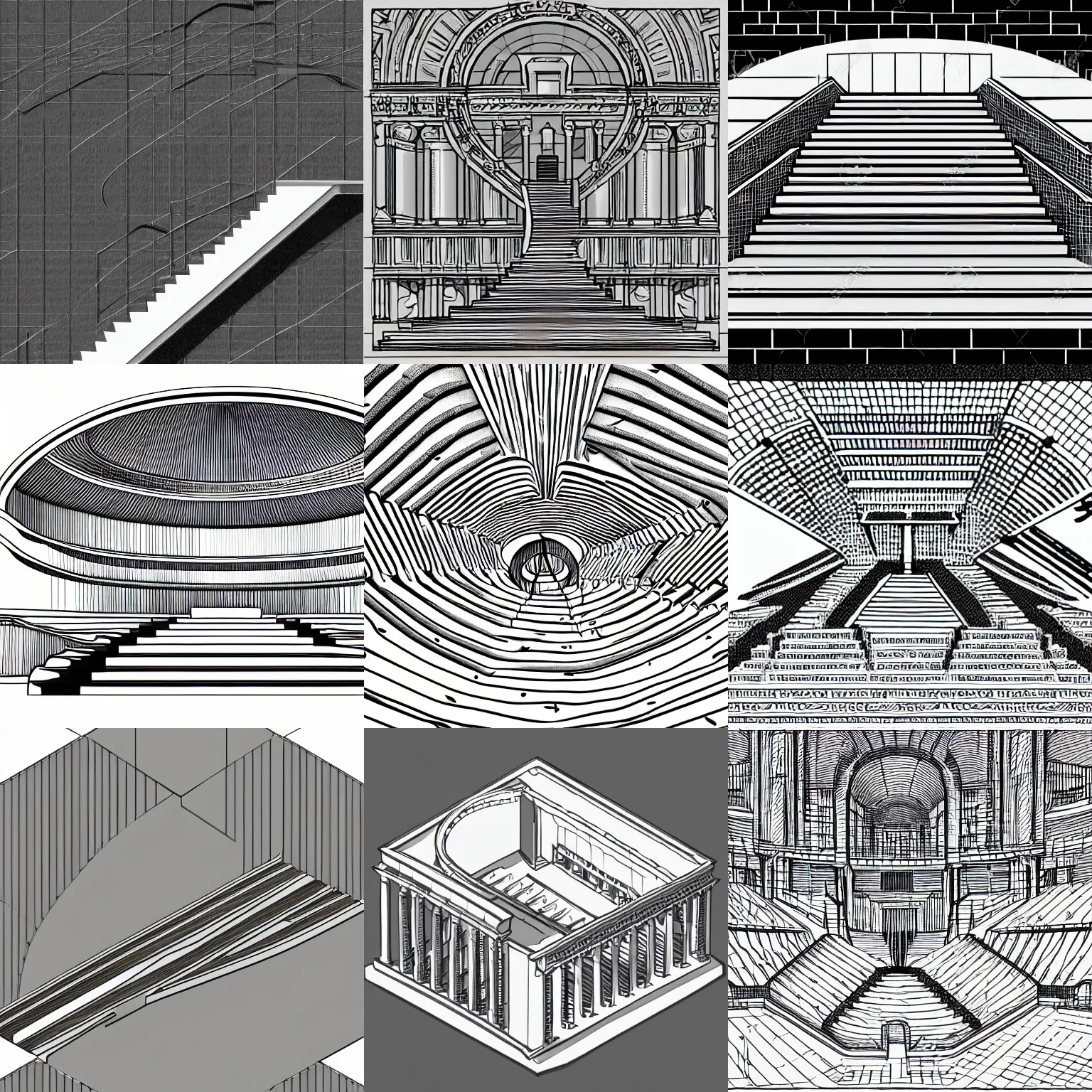 Image similar to a stephen biesty isometric cross - section through stairs of simplified!! smooth grey shaded ancient amphitheater, line drawing logo in the style of pavlov visuals, precise!! vector trace, black and white, extra - wide shot, occlusion, white background