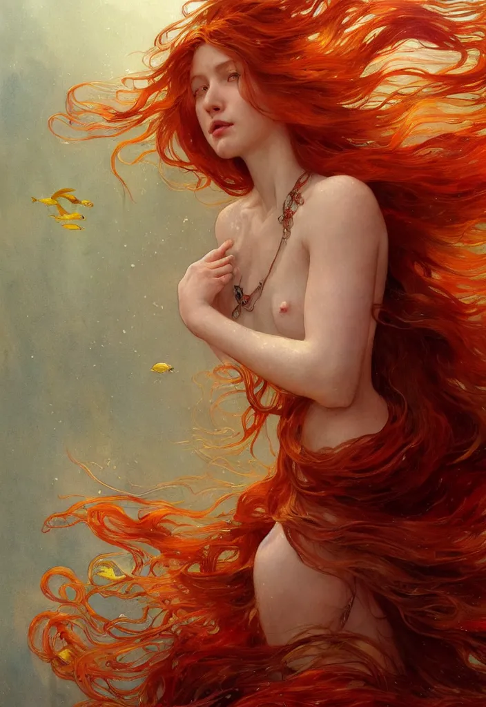 Image similar to beautiful watercolor painting of a young red hair woman swimming, surrounded by golden fish, intricate, elegant, highly detailed, digital painting, artstation, concept art, smooth, sharp focus, art by krenz cushart and artem demura and alphonse mucha, dynamic lighting, full body shot, ultrarealistic, cinematic, octane render, 8 k