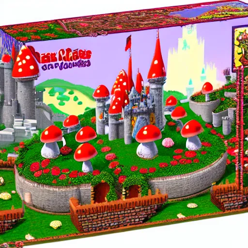 Prompt: large fantasy castle in the style of peaches castle in super mario, giant red and white spotted mushrooms, exotic flowers, roses, in a huge garden, sharp rays of sunlight, mortal engines howls moving castle, distant - mid - shot, fantasy, hyper detailed, 4 k