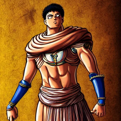 Prompt: illustration of a beautiful, athletic creature that is a half of the roman emperor augustus and a half of egyptian cat, character design, art station, epic, elegant, masterpiece of akira toriyama