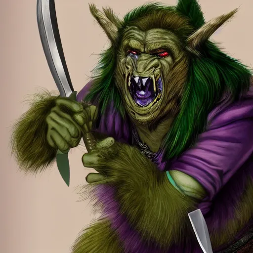 Image similar to super detailed portrait of a of a Dungeons and Dragons bugbear with green hair and purple eyes he looks angry at his knife, Fantasy, 4k, HD, DnD