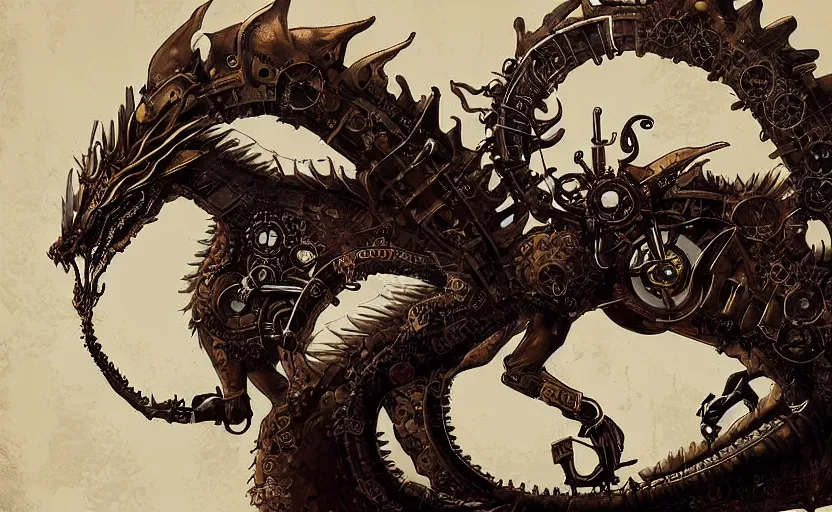 Prompt: concept art for a steampunk clockwork dragon. whimsical fantasy art. dark background. award winning painting. highly detailed digital art. masterpiece. trending on artstation