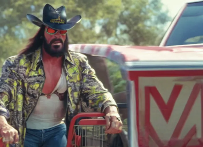 Image similar to macho man randy savage driving a shopping cart, movie still, from the new fast and furious movie, 8 k, realistic