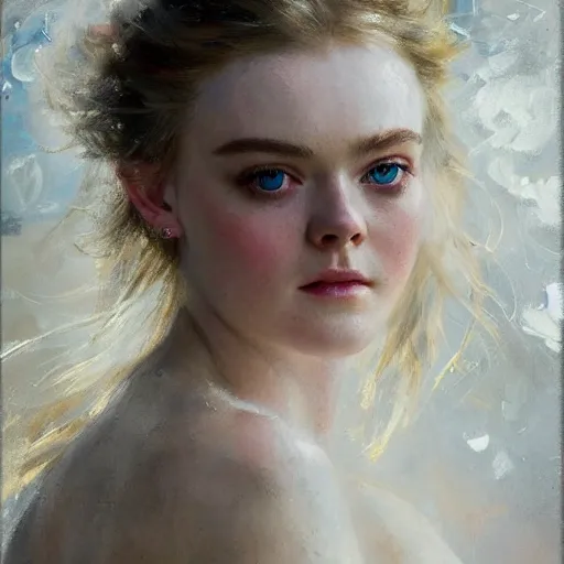Prompt: professional painting of Elle Fanning in the style of Daniel F. Gerhartz, head and shoulders portrait, symmetrical facial features, smooth, sharp focus, illustration, intricate, stormy weather, extremely detailed masterpiece,