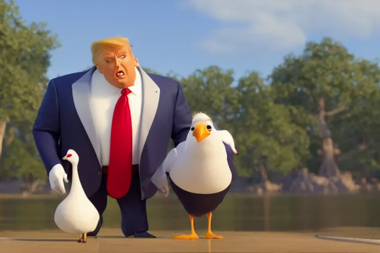 Image similar to still from a Pixar movie of Donald Trump as a Goose, high quality 3d render, movie, Pixar, Renderman, 4k, artstation