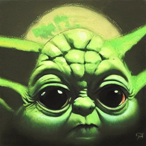 Prompt: portrait of a sad baby yoda looking at the burning world, artwork by guy denning and charlie bowater,