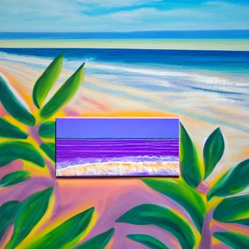 Image similar to Top down acrylic painting of an orange beach and purple ocean