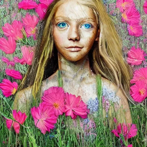 Image similar to beige by eleanor vere boyle, by bordalo ii bold, straight. a computer art of a young girl with blonde hair, blue eyes, & a pink dress. she is standing in a meadow with flowers & trees.