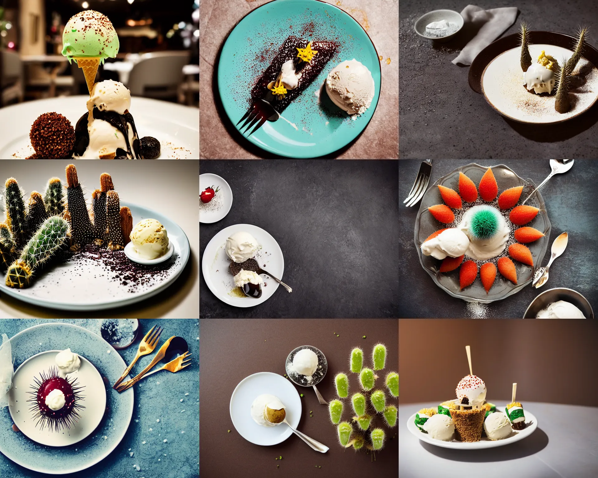 Prompt: a fine dining dessert plate of spiky cactus and ice cream, sugar sprinkled, food photography, michelin star, fine dining, bokeh