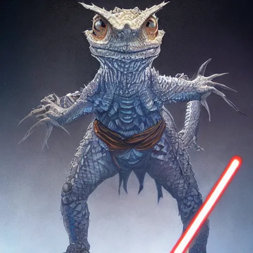 Prompt: Very very very very highly detailed epic photo bearded dragon jedi with light saber, intricate, dystopian, sci-fi, extremely detailed, digital painting, artstation, concept art, smooth, sharp focus, illustration, intimidating lighting, mystic environment, incredible art by Artgerm and Vincent di Fate