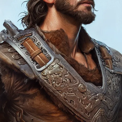 Image similar to portrait of a young, ruggedly handsome ranger, muscular, half body, leather, hairy, d & d, fantasy, intricate, elegant, highly detailed, digital painting, artstation, concept art, smooth, sharp focus, illustration, art by artgerm and greg rutkowski and alphonse mucha