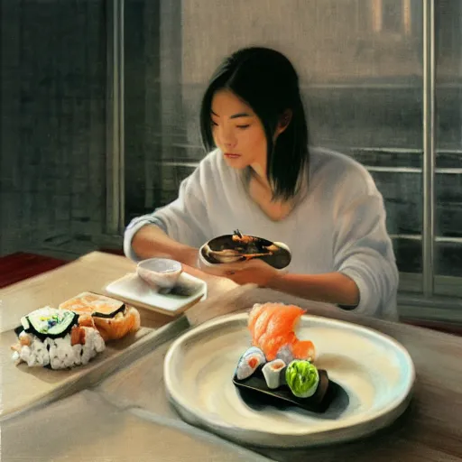 Prompt: a dog eating sushi at nobu, cottage core, cinematic focus, polaroid photo bleached vintage pastel colors high - key lighting, soft lights, foggy, by steve hanks, by lisa yuskavage, by serov valentin, by tarkovsky, 8 k render, detailed, oil on canvas