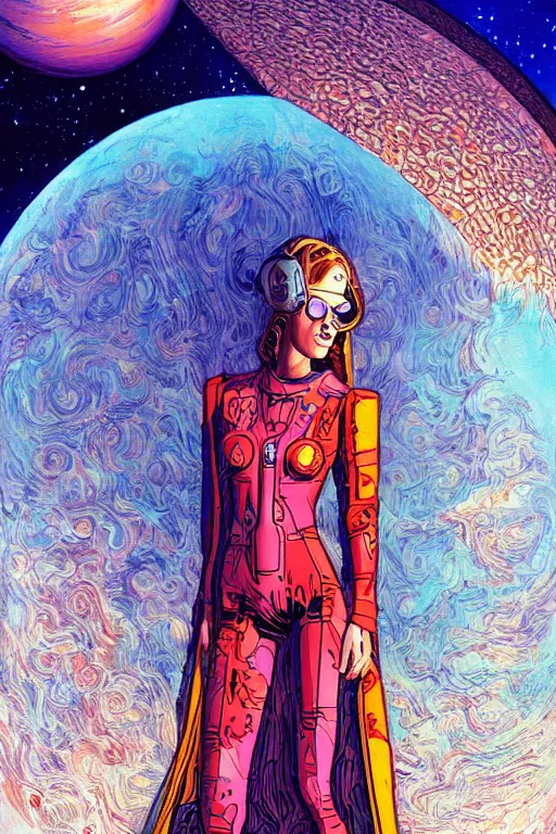 Image similar to cyber portrait fashion model in space artwork by jean giraud