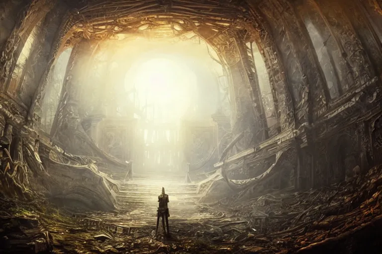 Prompt: ultra realist soft painting of a single lovecraftian gigantic creature, inside ruins, very intricate details, dense fog, golden ratio, volumetric cinematic lighting, reflections, refractions, symmetry accurate anatomy features, omnious background, unreal render