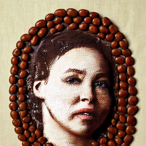 Prompt: Female Portrait, made of baked beans.