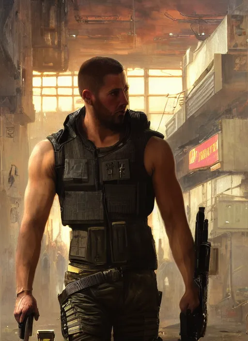 Image similar to 🏋♂ cyberpunk mercenary in a military vest ( blade runner 2 0 4 9, cyberpunk 2 0 7 7 ). orientalist portrait by john william waterhouse and james gurney and theodore ralli and nasreddine dinet, oil on canvas. cinematic, hyper realism, realistic proportions, dramatic lighting, high detail 4 k