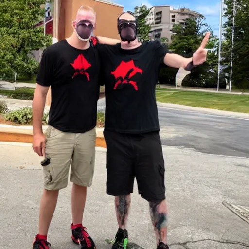 Image similar to ethan van sciver hanging out with a short stocky guy who wears a red ski mask over his face with black ski goggles, cargo shorts and a plain black t - shirt that says cash grab