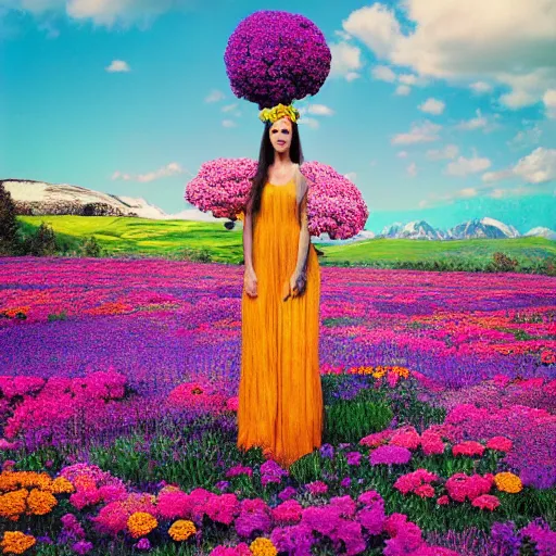 Prompt: Gaia earth goddess stands in a vibrant field of blooming flowers, rendered in octane, photorealism, photographed by Ansel Adams and David Suh and LaChapelle