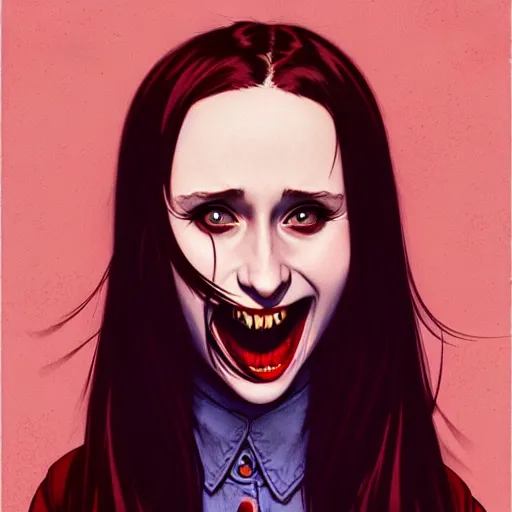 Prompt: in the style of Joshua Middleton and artgerm Norman Rockwell, evil vampire Taissa Farmiga open mouth with sharp fangs, waist up, middle shot, moody lighting