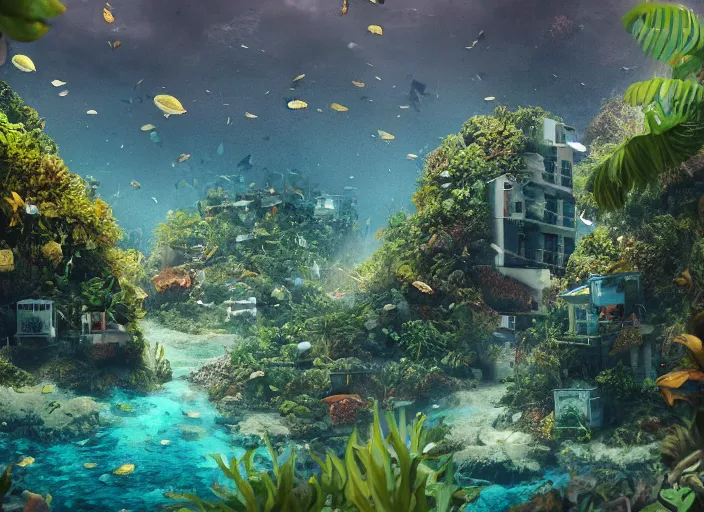 Image similar to overgrown foliage overtaking favela, underwater environment, buildings, coral, scenery, professional, award - winning, trending on artstation, detailed, realistic, beautiful, emotional, shiny, golden, picture