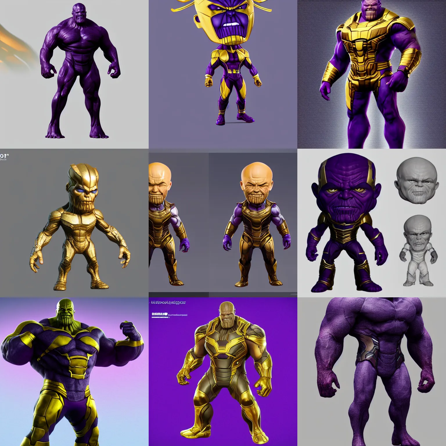 Prompt: A full body render if a chibi version of thanos , studio lighting, white background, blender, trending on artstation, 8k, highly detailed