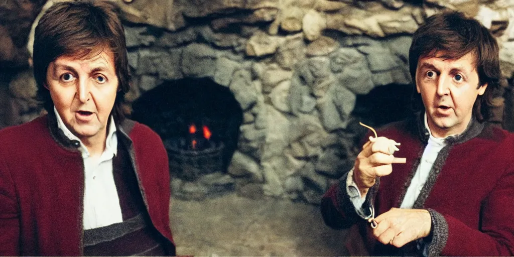 Image similar to A full color still of 30 year old Paul McCartney holding a small ring, dressed as a hobbit inside his house at night with firelight, directed by Stanley Kubrick, 35mm, 1970