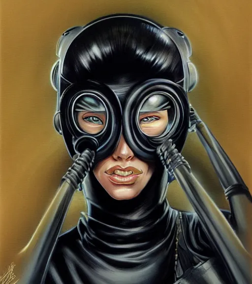 Prompt: highly detailed portrait photo faceshot of a powerful female character, wearing a black dress. her face is covered in a gas mask in a scenic futuristic urban environment. hyperrealistic fashion illustration by boris vallejo and julie bell.