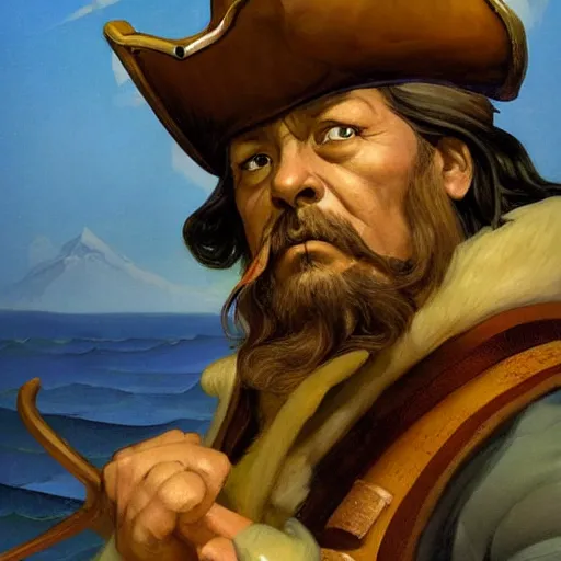 Image similar to N. C. Wyeth painting bearded pirate, painted fantasy character portrait, headshot, fantasy, highly detailed, digital painting, artstation, concept art, sharp focus, illustration, art by the golden age of American illustration archive, N. C. Wyeth, simon bisley and frank frazetta, trending on art station, trendingon cg talk, trending on illustration, trending on painting