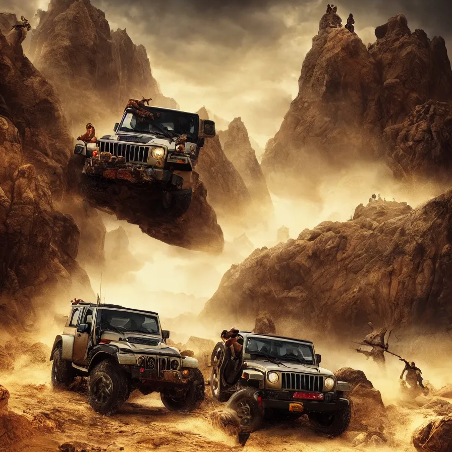 Image similar to Mahindra thar, tribe members attacking, action scene, an epic fantasy, dramatic lighting, cinematic, establishing shot, extremely high detail, photorealistic, cinematic lighting, artstation, by christopher nolan, horizon forbidden west