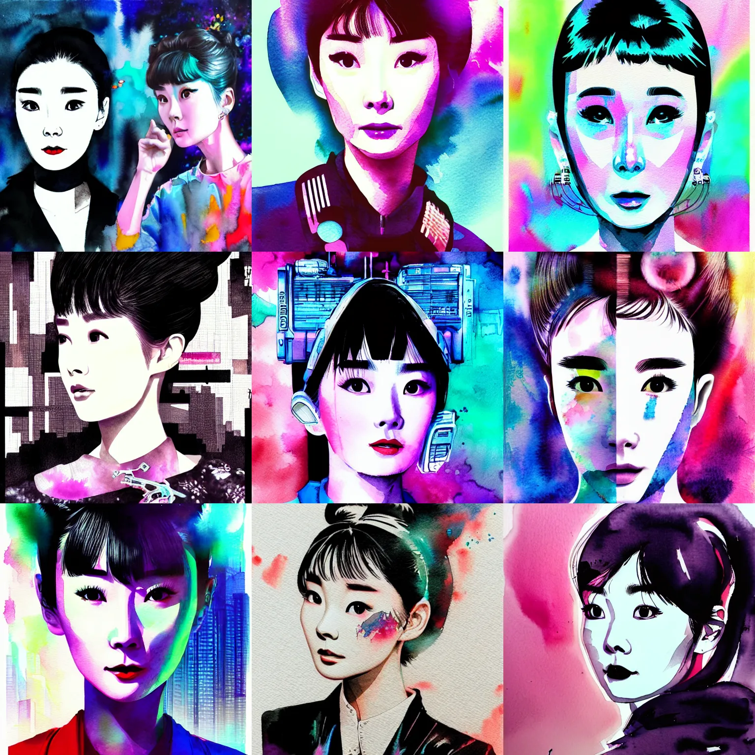 Prompt: korean audrey hepburn, detailed watercolor cyberpunk vaporwave portrait by tim doyle