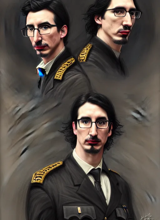 Prompt: a portrait of john oliver and adam driver posing together, stoic, military uniform, fantasy, intricate, elegant, beautiful, highly detailed, charcoal, centered, dark, smokey, digital painting, artstation, concept art, smooth, sharp focus, illustration, art by artgerm and greg rutkowski and alphonse mucha