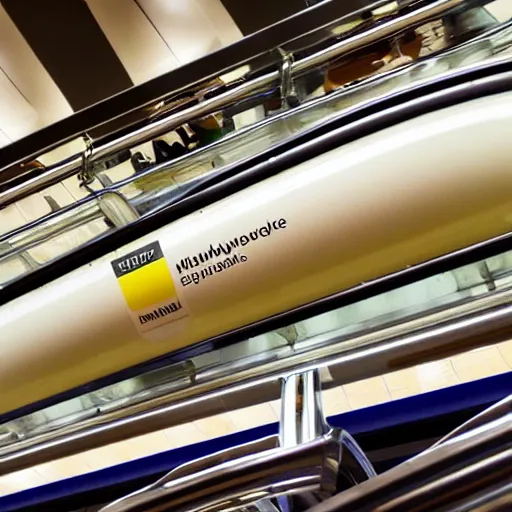 Prompt: a jar of mayonnaise on an escalator