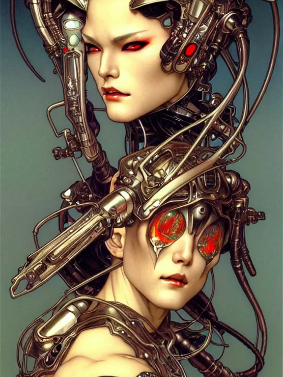 Prompt: realistic detailed face portrait of one handsome futuristic geisha with element of alien cyberpunk armor by ayami kojima, amano, greg hildebrandt, alphonse mucha, and mark brooks, male, masculine, art nouveau, cyberpunk, neo - gothic, gothic, character concept design,