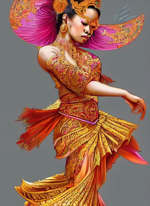 Image similar to beautiful javanese traditional dancer, surealism, aesthetic, shiny, fantasy, intricate, elegant, extremely higly detailed, digital painting, artstation, anatomy shape perfect, baroque, concept art, photoshop, krita, smooth, sharp focus, full body focus, illustration, digital painting, art by artgerm and greg rutkowski and alphonse mucha