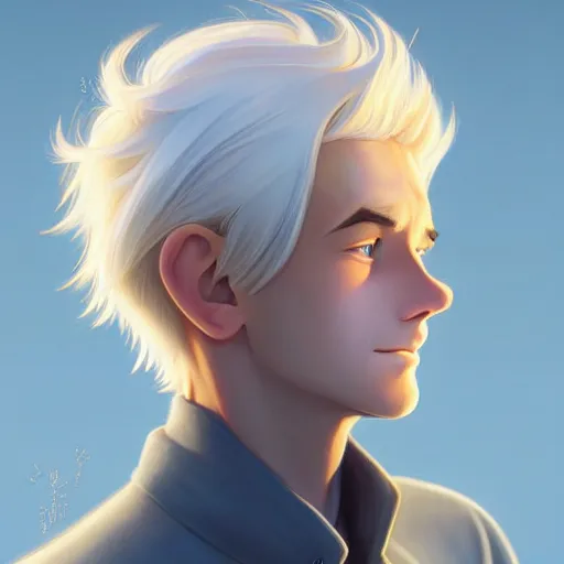 Prompt: young man with short, ash blond greyish hair, path traced, highly detailed, high quality, digital painting, by don bluth and ross tran and studio ghibli and alphonse mucha, artgerm, sylvain sarrailh